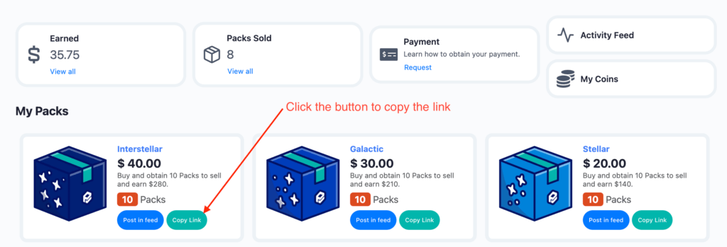 Copy Link in packell dashboard my packs